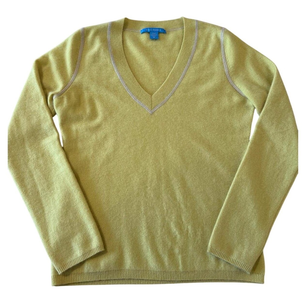 White + Warren Cashmere V-Neck Sweater Chartreuse Yellow Womens Medium M